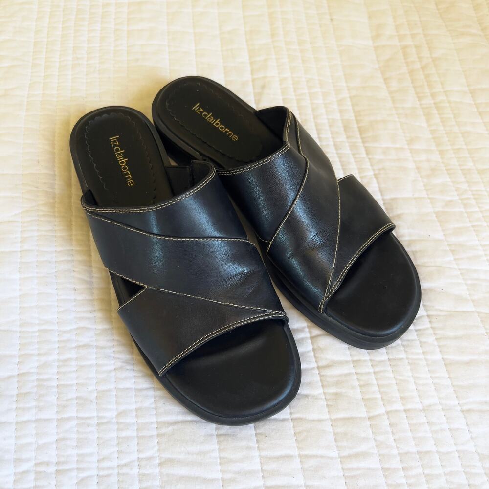 Vintage Y2K Liz Claiborne Black Leather Sandals Women's Size 8 DAMAGED